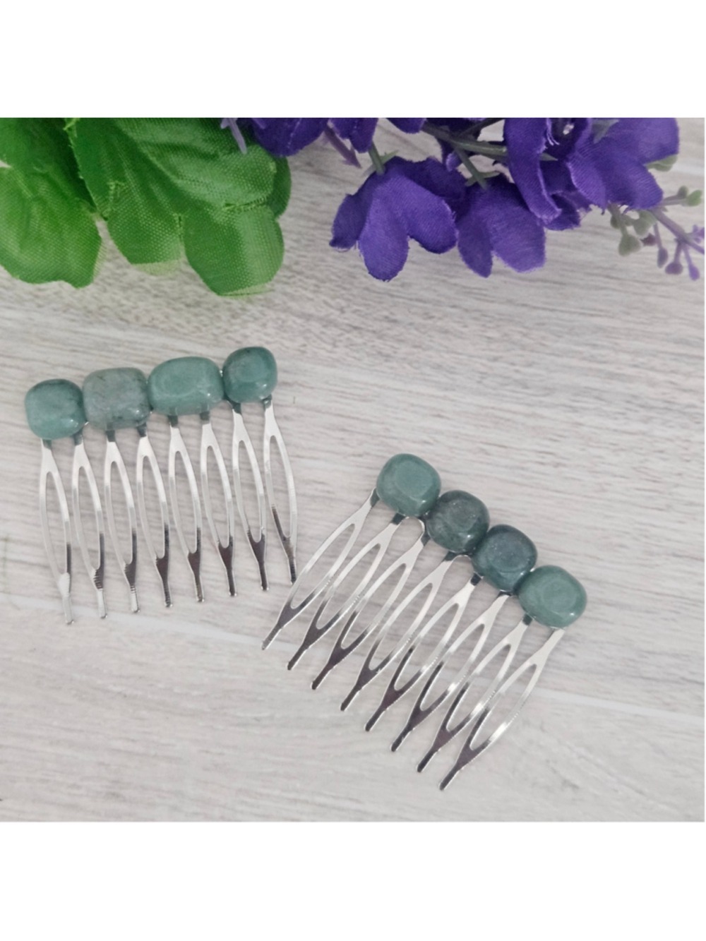 Green Aventurine Women's Hair Comb Set Handmade